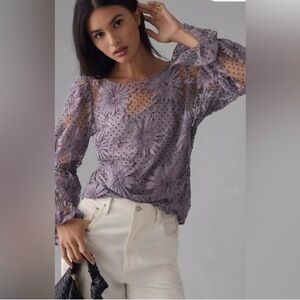 Eva Franco Embroidered Floral Sheer Top Puffy Sleeves tank included Lavender